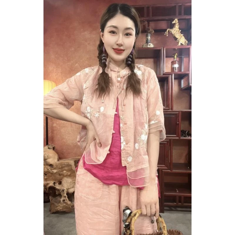 夏季新款苎麻刺绣中国风对襟欧根纱拼接小衫