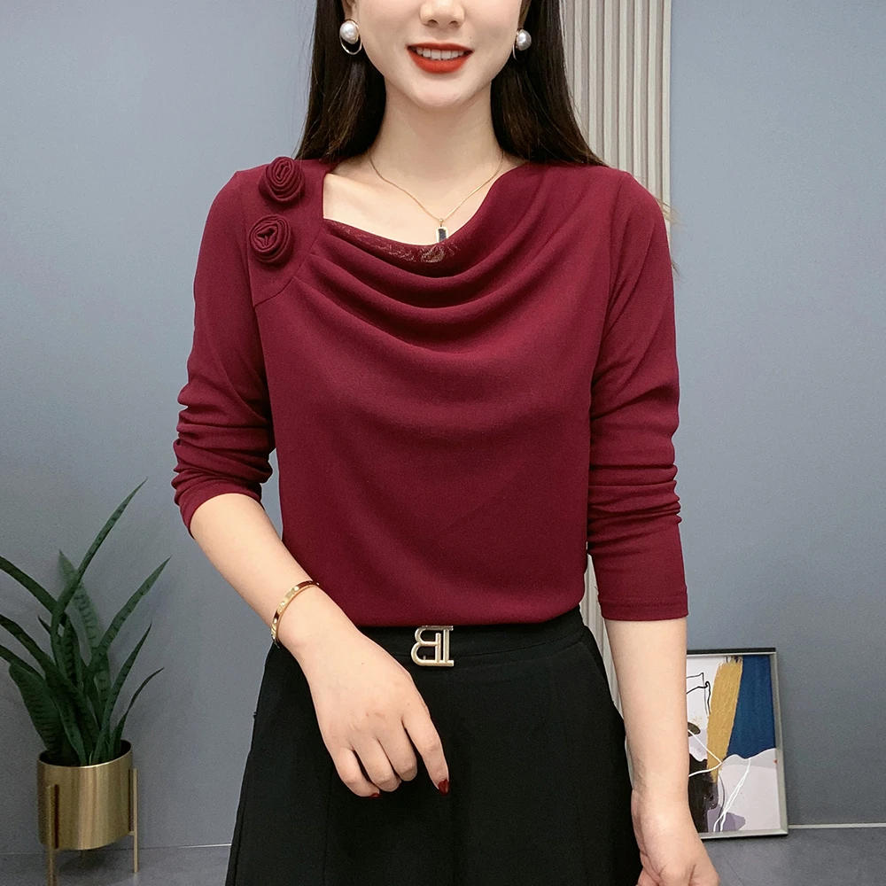 2025春两朵花妈妈装纯色长袖显瘦时尚堆堆领打底衫气质百搭