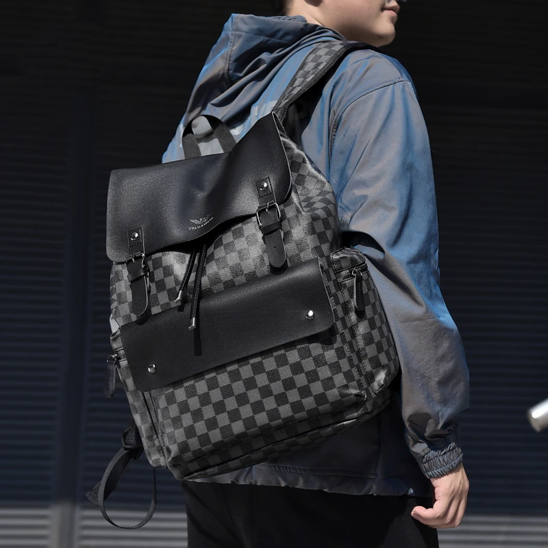 高档时尚男士双肩包商务通勤潮流欧美大学生书包双肩背休闲格子