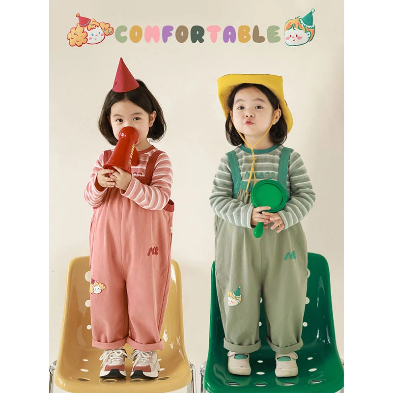 幼悠女童卡通印花纯棉背带裤春秋儿童洋气柔软亲肤撞色裤子WC0073