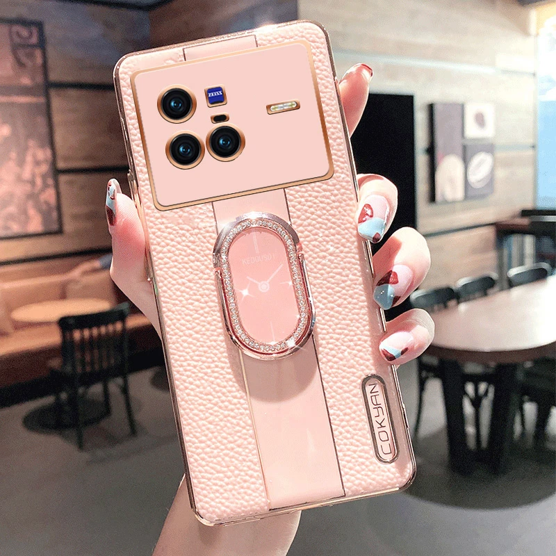 潮钻适用vivox80手机壳网红女x80pro荔枝纹水钻支架全包防摔奢华