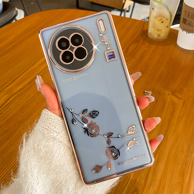 潮钻适用vivox90手机壳透明女款x90pro+轻奢水钻玫瑰防摔壳网红软