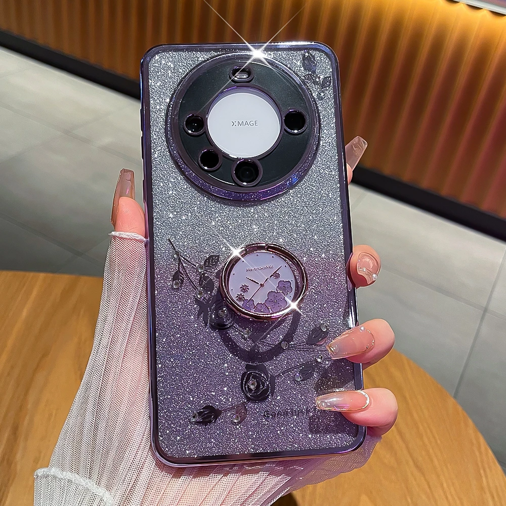 潮钻适用华为mate60pro手机壳网红女mate60水钻玫瑰透明支架防摔