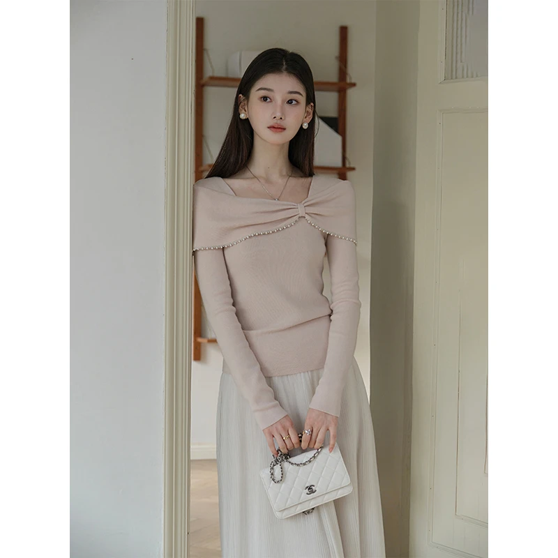 且可ChillCozy 格林 新澳48支精纺绵羊毛一字肩珍珠毛衣