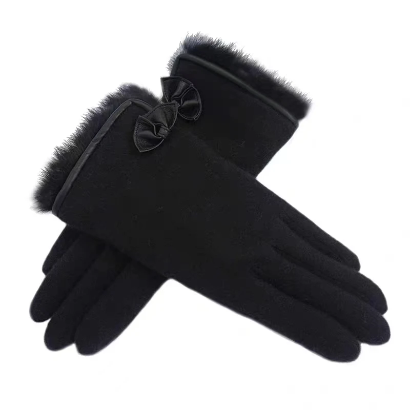 羊毛侧边领结可触屏手套时尚舒适