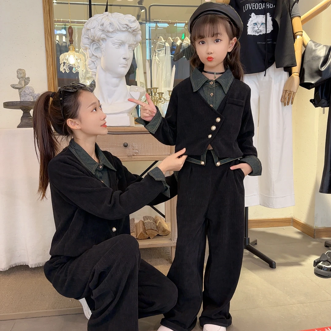 （名媛公主亲子装省心穿搭）2024春秋款韩系时髦雪尼尔小香风套装