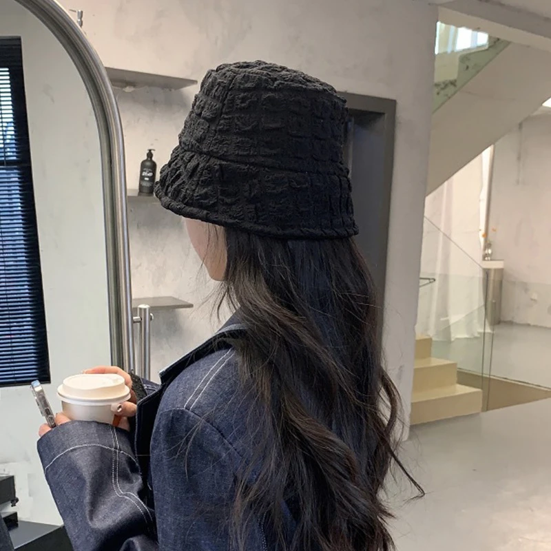 新款百搭渔夫帽女春夏显脸小褶皱泡泡纱盆帽韩版水桶帽遮阳防晒帽