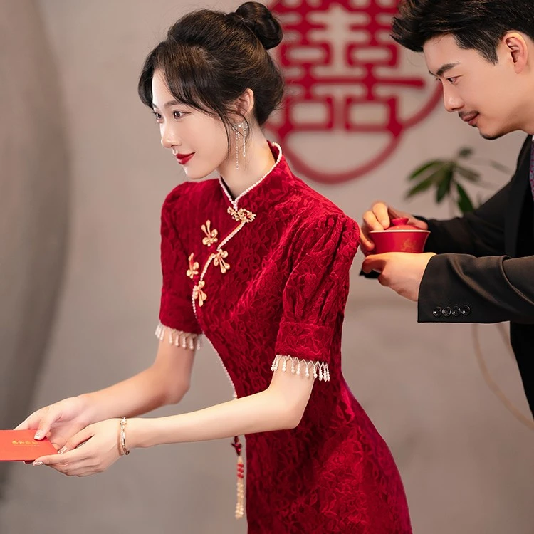 改良旗袍敬酒服新娘小个子结婚订婚出阁宴酒红色礼服女高级感夏季