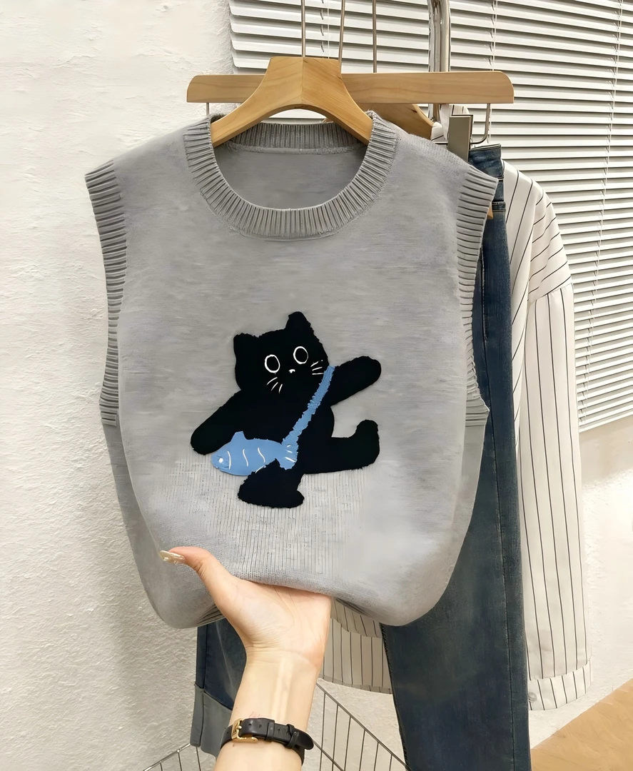 韩版可爱减龄刺绣小猫咪时尚百搭针织马甲秋冬