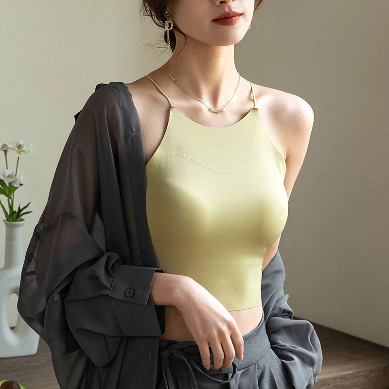 领口胸前防走光抹胸美背内衣固定杯无痕挂脖露脐吊带背心女遮胸夏