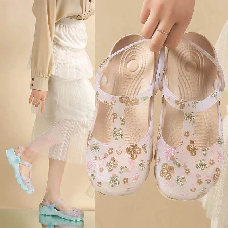 凉鞋夏季软底外穿洞洞鞋厚底防滑包头时尚玛丽珍学生印花女