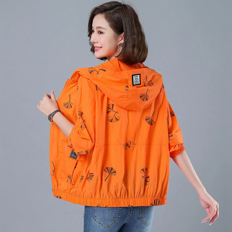 2025新款印花防晒衣女夏装防晒衫中年妈妈防晒服带帽薄款短外套女