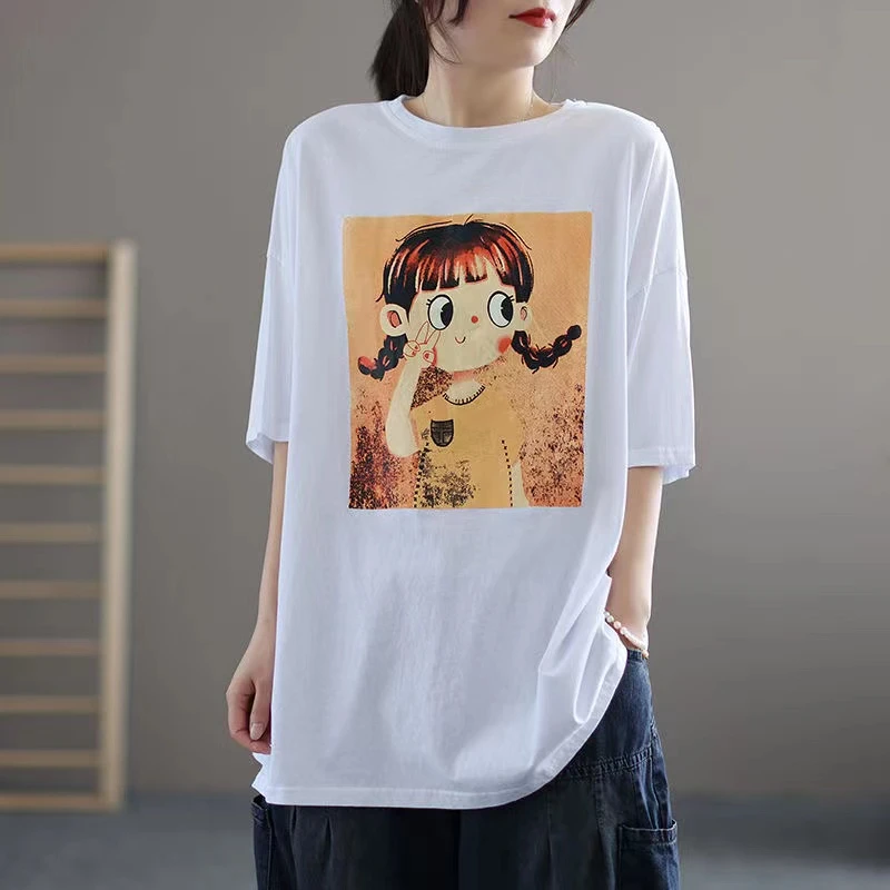 2023新款宽松中长款短袖t恤印花百搭大码ins圆领纯棉男女夏季时尚