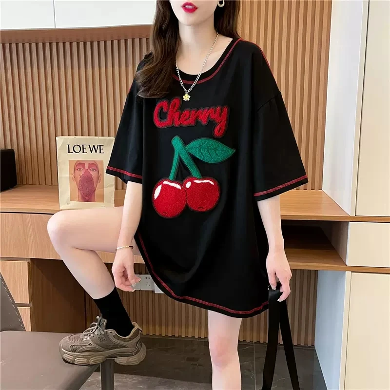 2023新款夏季爆款宽松大码纯棉短袖t恤中长款夏装时尚圆领创意