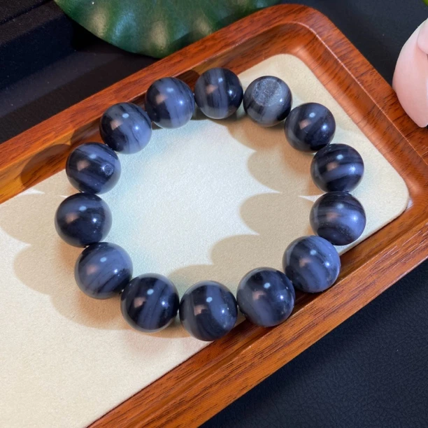 天然新疆和田玉玉龙喀什河青花聚宝盆一线天意境黑白分明16mm手串