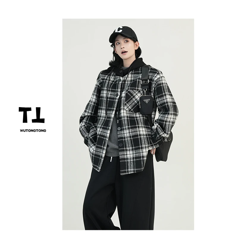 吴童童现货【伦敦街头】冬季设计感加绒格子外套女宽松上衣61341