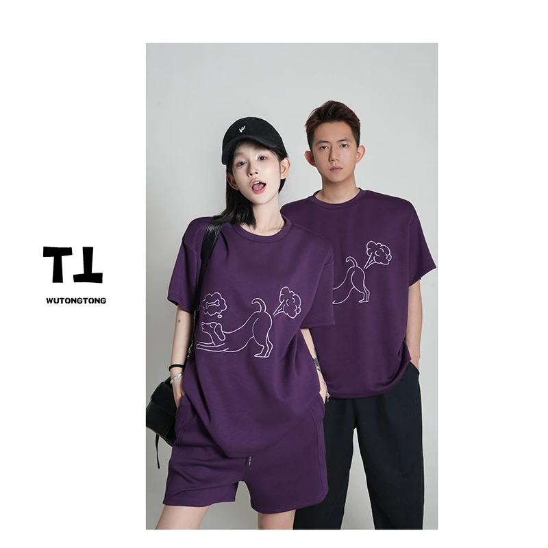 吴童童现货【放屁小狗】薄款短袖T恤短裤两件套女韩版休闲套装60631