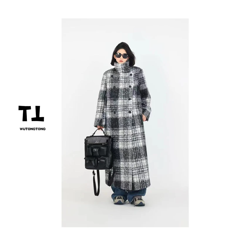现货【雾灰河畔】吴童自制格纹呢子大衣女西装领长款过膝风衣60066