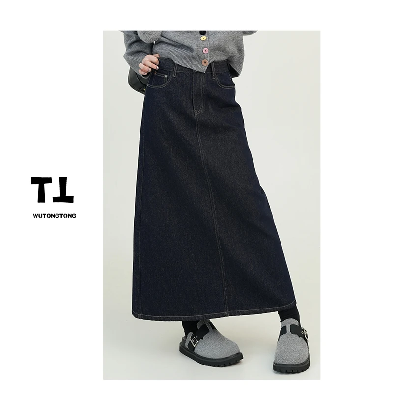 吴童童现货【悠闲假日】秋冬季高腰宽松牛仔半身裙女过膝A字裙61191