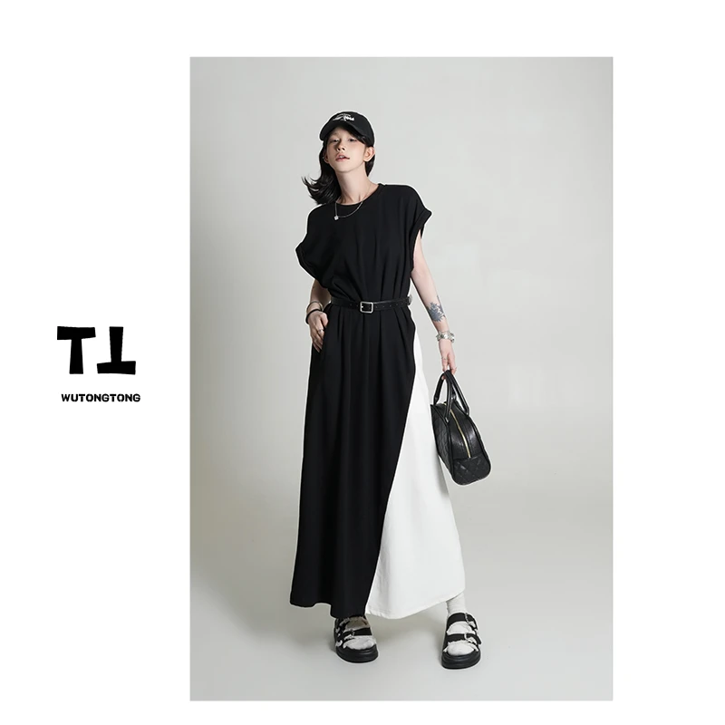 现货【掠夺者】短袖拼接撞色连衣裙女气质圆领百搭长款A字裙60701