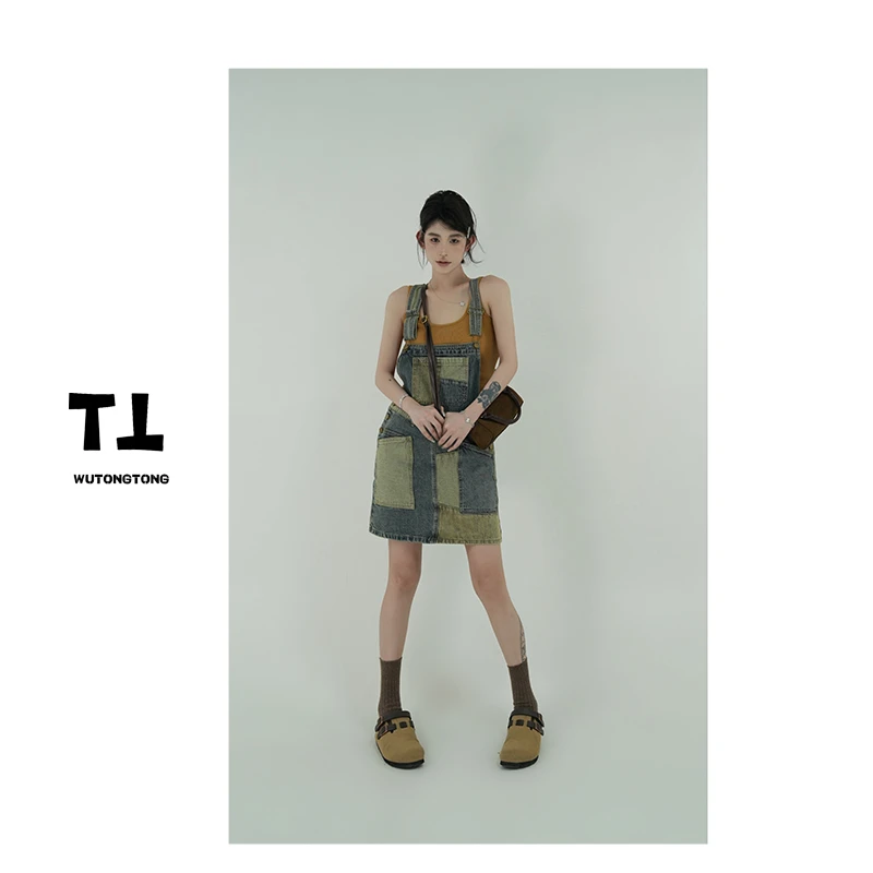 现货【独角戏】春夏薄款牛仔背带半身裙女百搭韩版A字裙60558