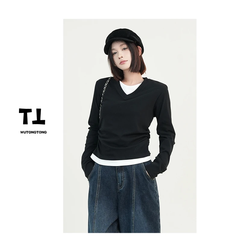 吴童童现货【启示录】秋季假两件圆领长袖T恤衫女休闲打底衫61102
