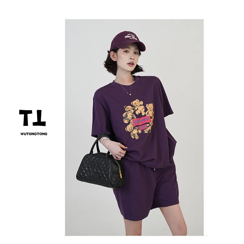 吴童童现货【心动谱曲】薄款短袖T恤短裤两件套女韩版休闲套装60783