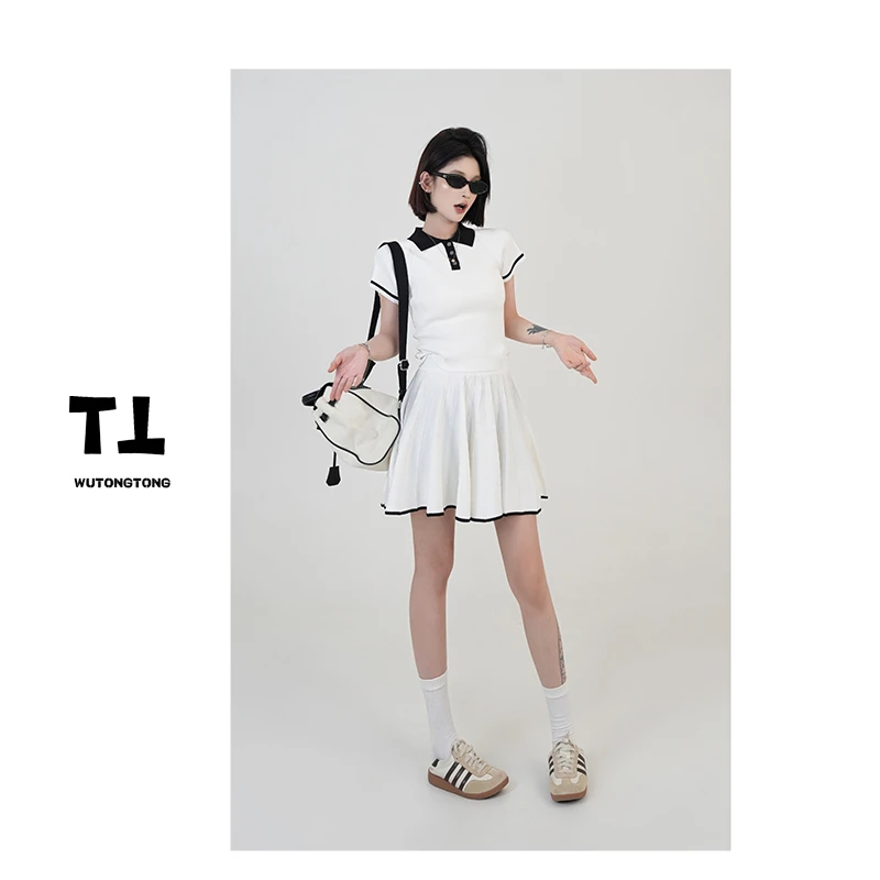 吴童童现货【云端漫步】夏POLO领套头针织衫短裙两件套女套装60815