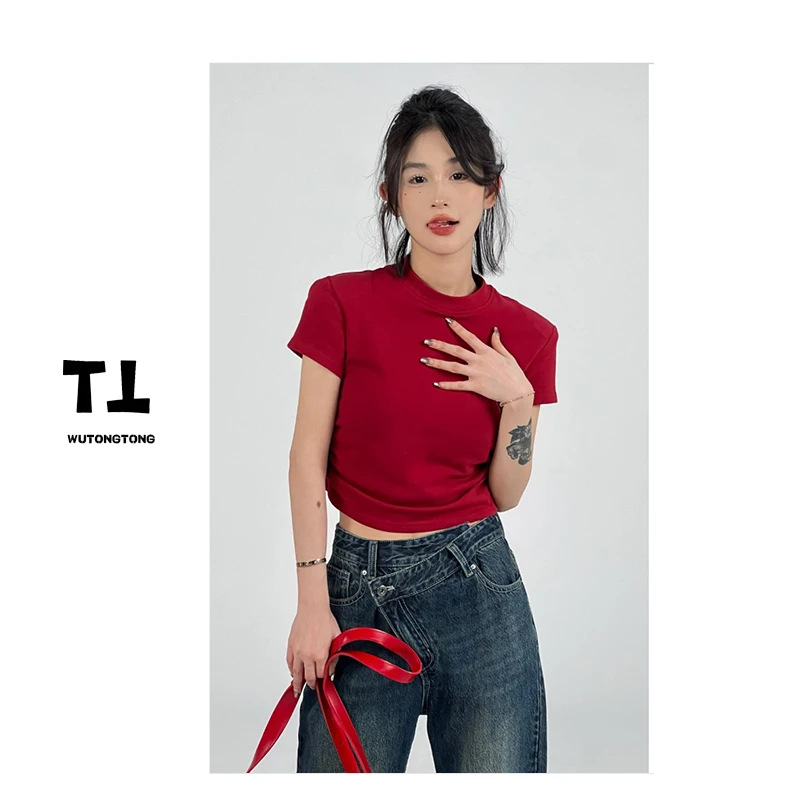 吴童童【查理周刊】夏季圆领T恤衫女短袖简约宽松百搭休闲上衣6489