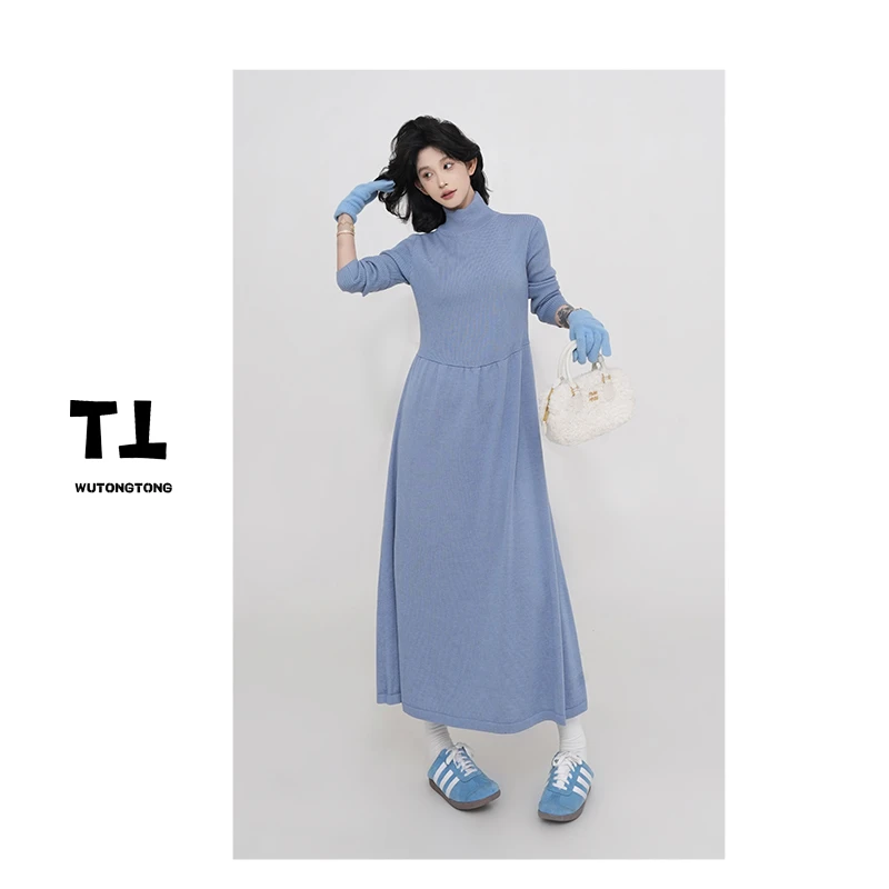 现货【编巷口】秋冬季长袖针织连衣裙女过膝休闲韩版A字打底裙61607