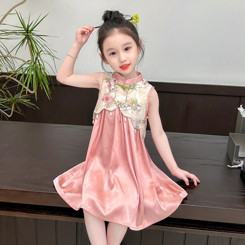 女童夏季汉服连衣裙2024新款式儿童中式旗袍宝宝国风甜美粉色裙子