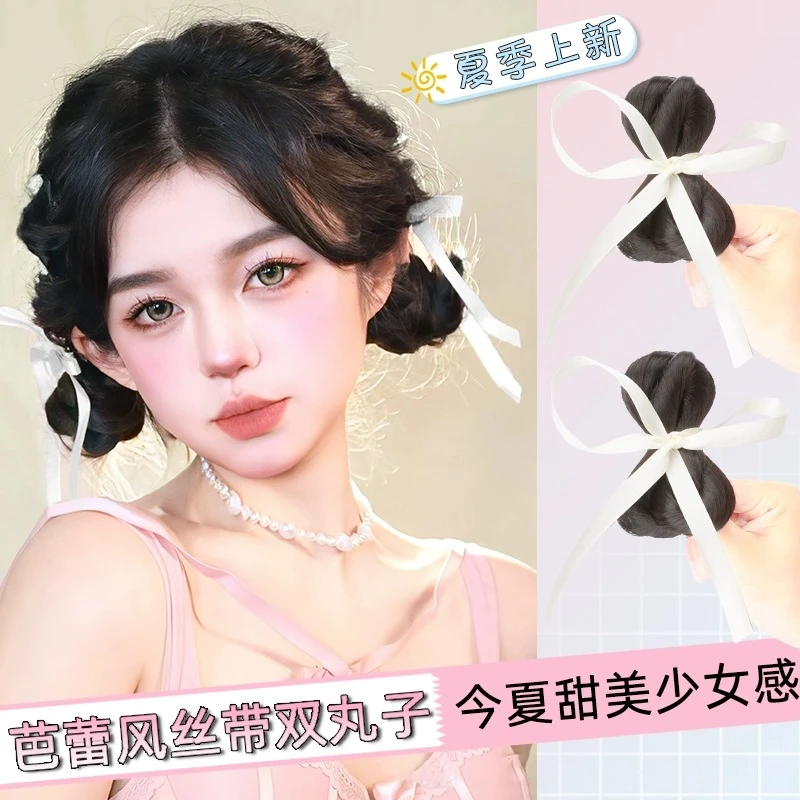 丸子头假发女仿真人发懒人救星甜美可爱头假发发圈丝带双丸子花苞