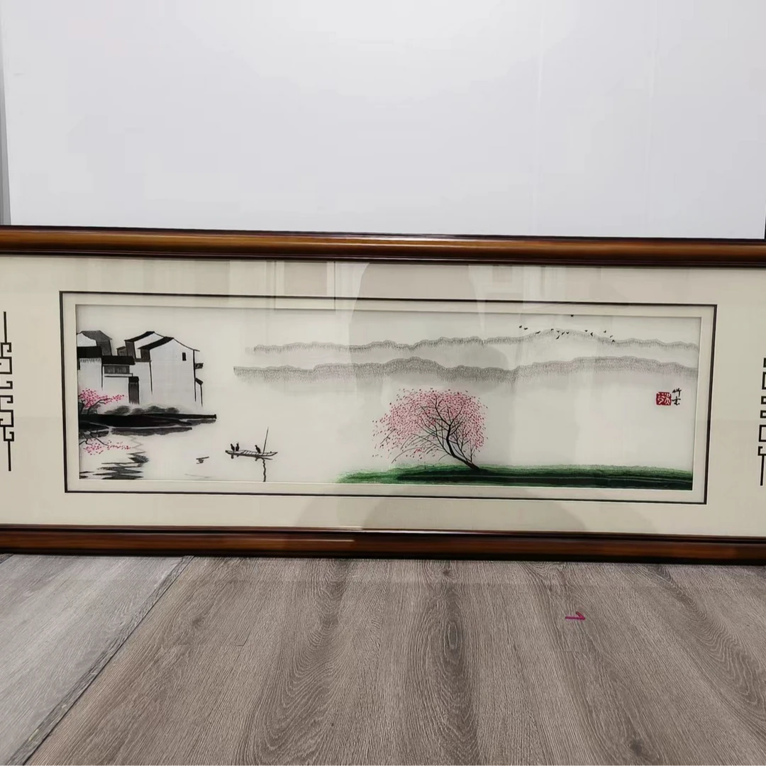 江南山水-成品刺绣挂画手工实木边框装裱成品新中式绣画客厅玄关