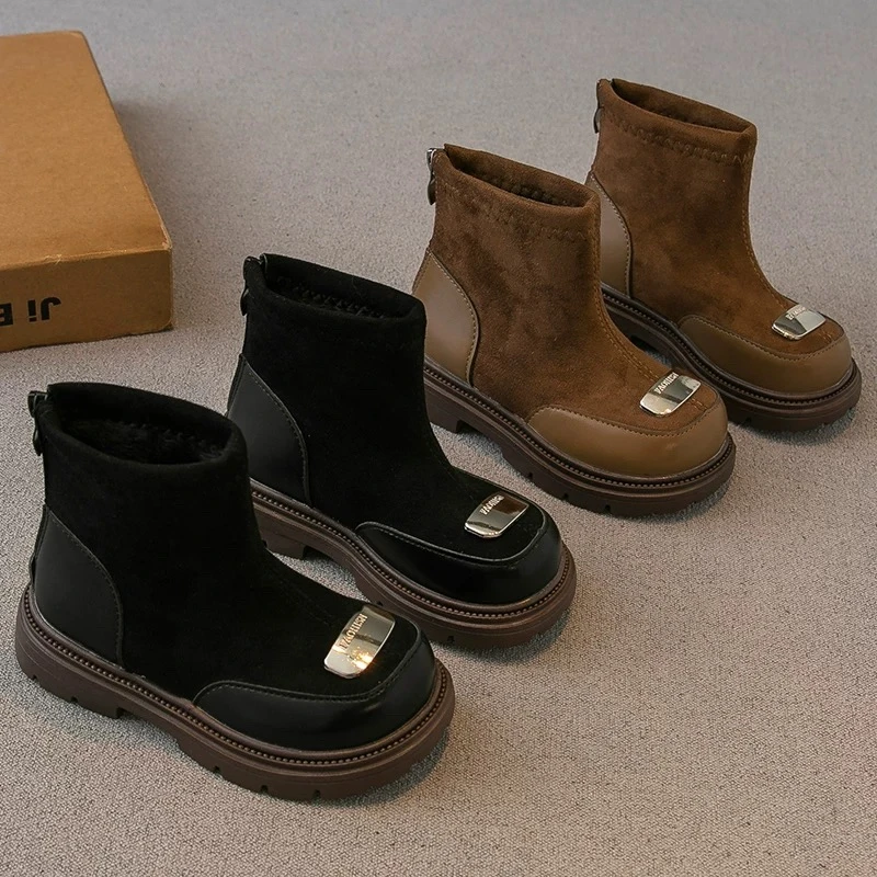 男童马丁靴2024秋冬保暖女童棉鞋加绒二棉儿童靴子复古百搭中大童