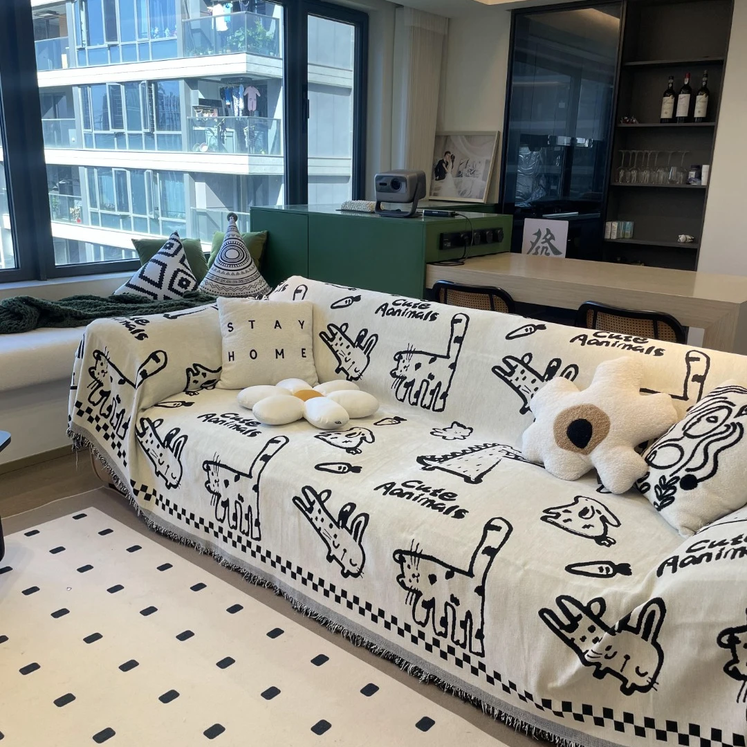 (童趣)简约卡通沙发盖布雪尼尔防猫抓沙发巾四季通用沙发套沙发毯