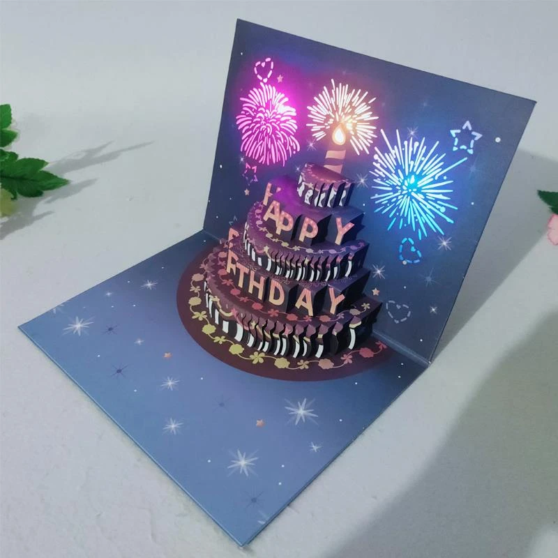 ins风生日蛋糕音乐灯光3D立体贺卡纸雕创意礼物节日祝福留言卡片