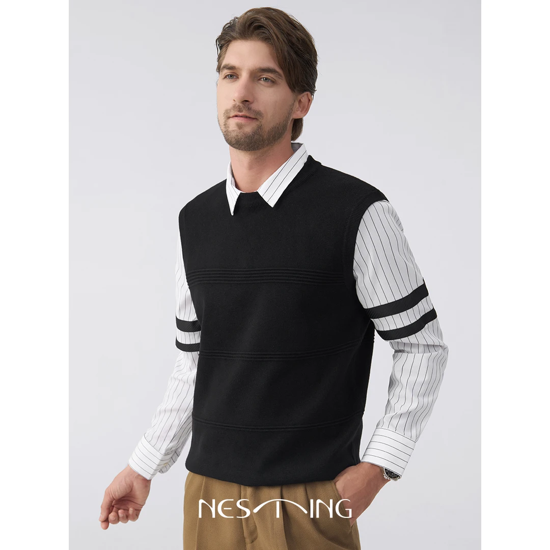 陈大叔-秋冬男士拼接撞色假两件毛衣衬衫领商务休闲条纹针织衫