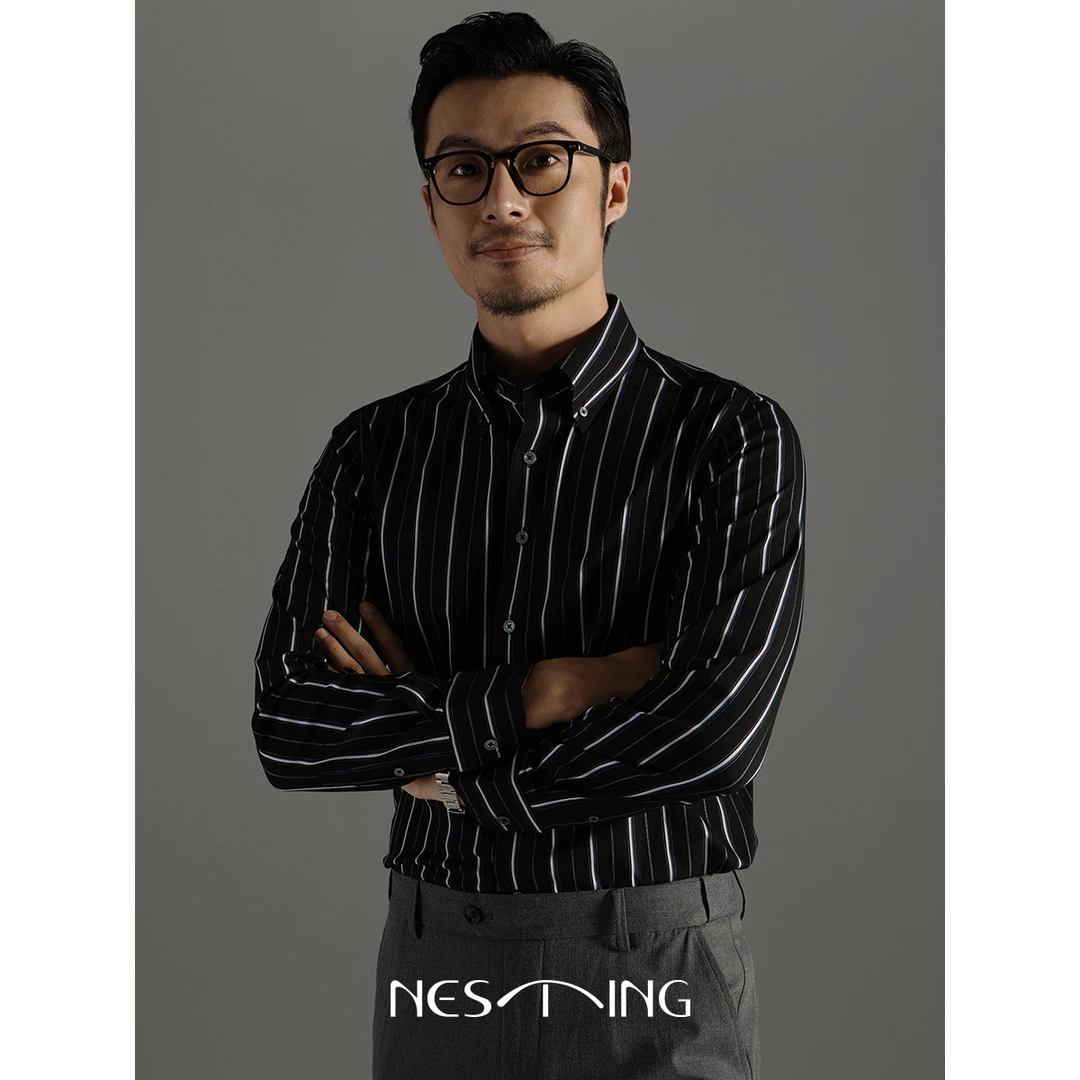 陈大叔-男士抗皱竖条纹长袖衬衫男商务修身职业正装休闲百搭衬衣