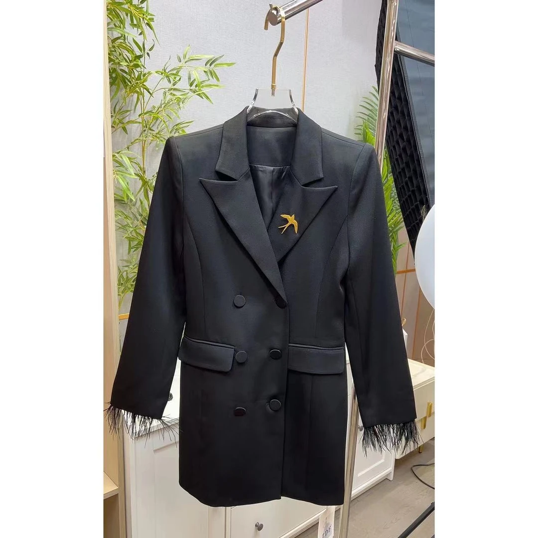 法式显瘦气质黑色设计感收腰百搭中长款西服外套87152