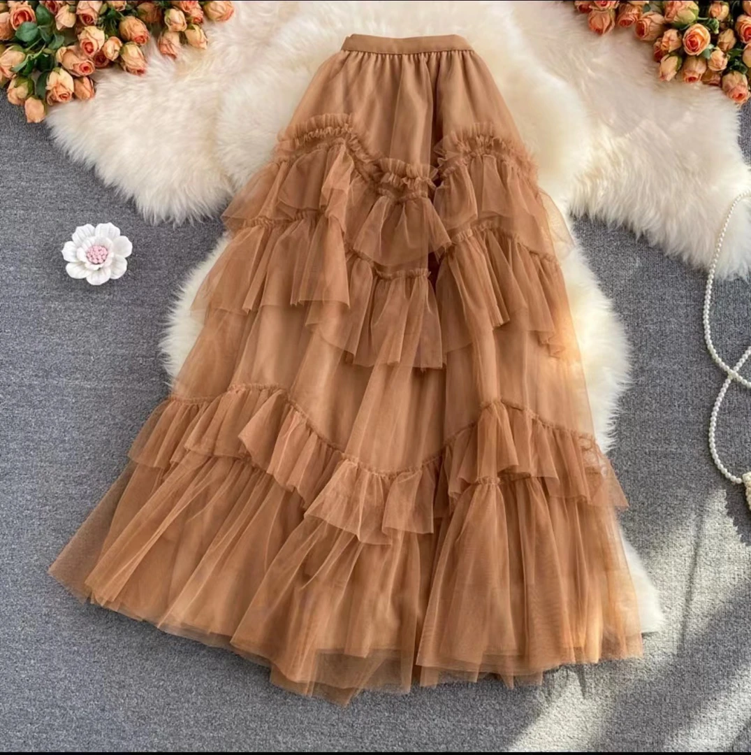 时尚网纱咖色蛋糕裙半身裙新款高腰大摆A字蓬蓬裙