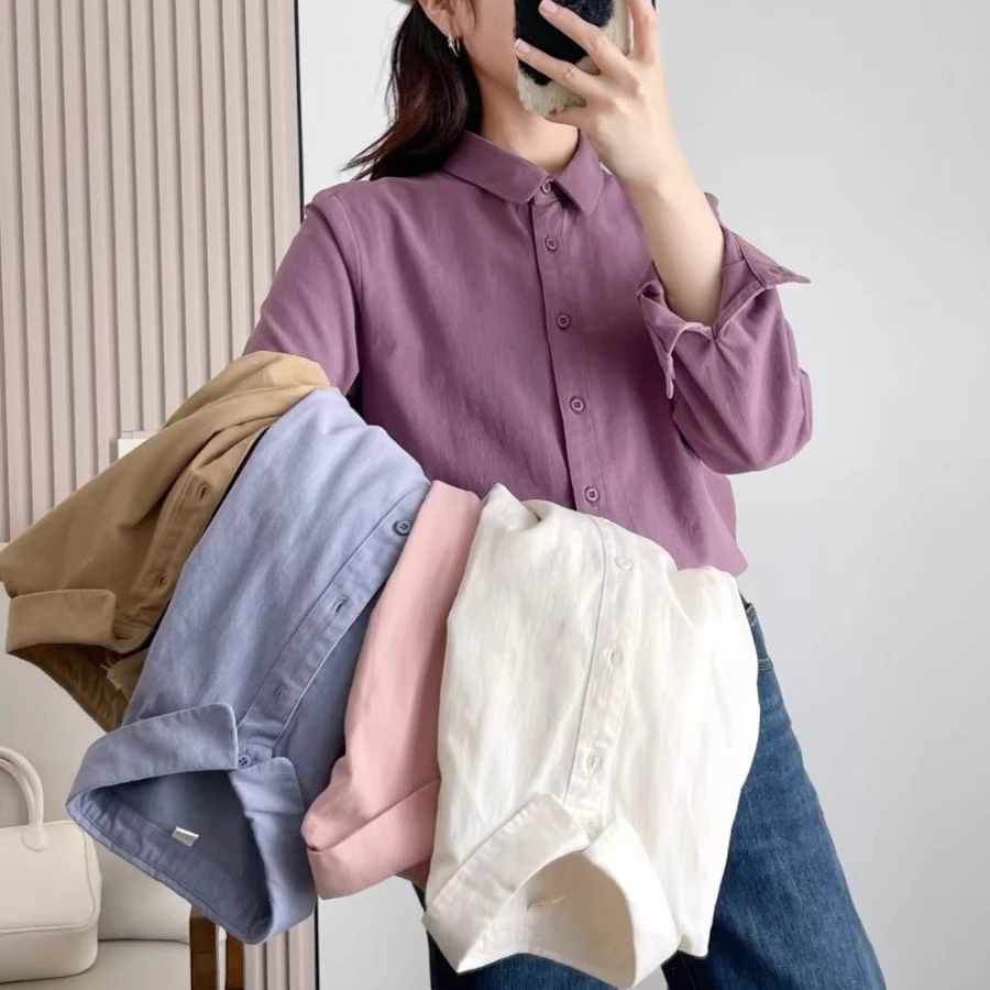 【杭州意法好货】春秋新款长袖休闲外领全棉磨毛衬衣女显瘦纯色上衣