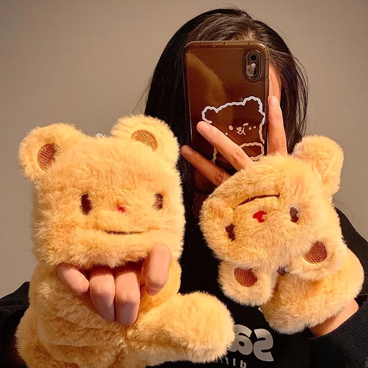 黄油小熊半指翻盖毛绒手套女秋冬季保暖加绒加厚可爱学生写字防寒