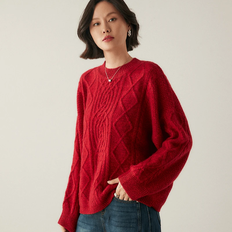 224秋冬新款女装加厚圆领宽松复古气质山羊绒针织衫菱形花毛衣