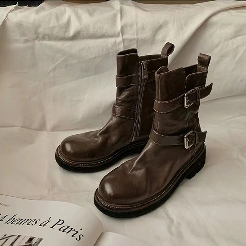 葡萄妈新款复古网红水洗缩纹马皮瘦瘦短靴女双皮带扣机车马丁靴