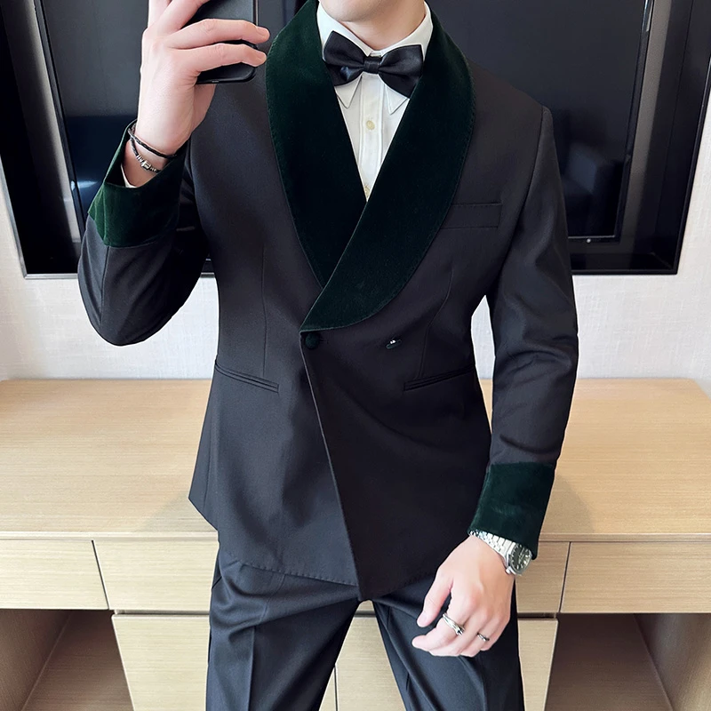 丝绒拼接西装套装男士韩版帅气结婚礼服商务英伦青果领西服两件套