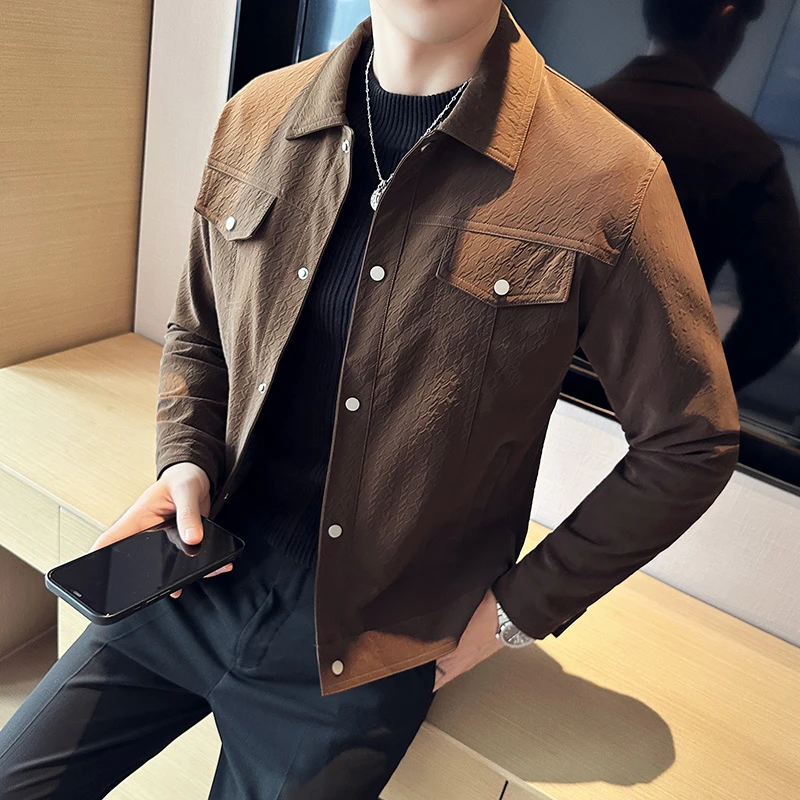 春秋季男士暗条纹皮质夹克2023新款时尚休闲翻领外套韩版百搭上衣