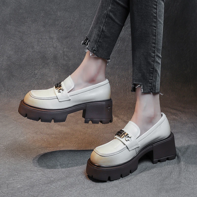 厚底乐福鞋女一脚蹬懒人单鞋真皮时尚百搭春秋圆头休闲英伦风皮鞋