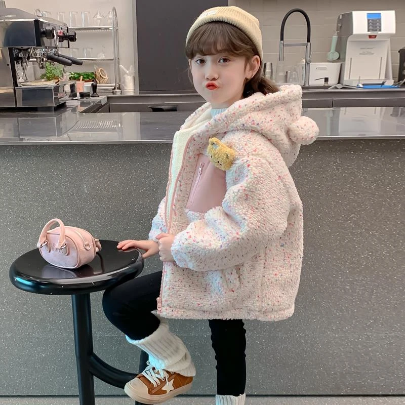 女童秋冬装外套2024新款儿童洋气女孩冬季加绒加厚彩点小熊毛毛衣
