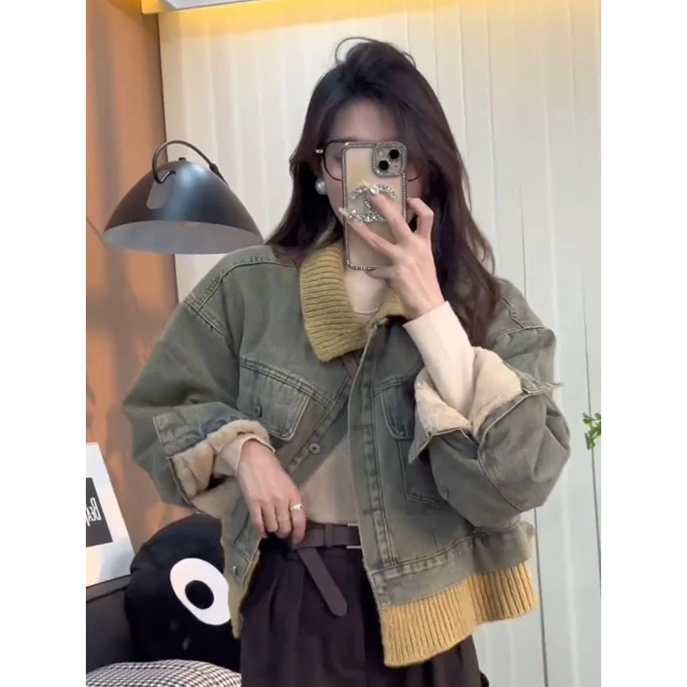 2025美式复古慵懒风撞色翻领牛仔外套女春秋新款小众休闲风上衣潮