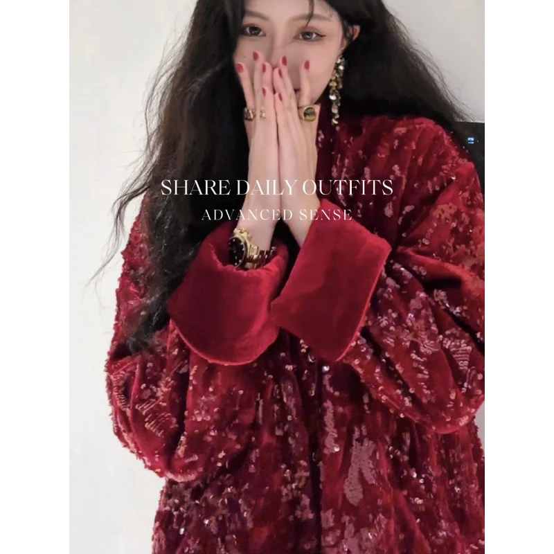 高温妮新年秋冬款气质复古正红满绣亮片宽松时尚长袖棉服5e32155